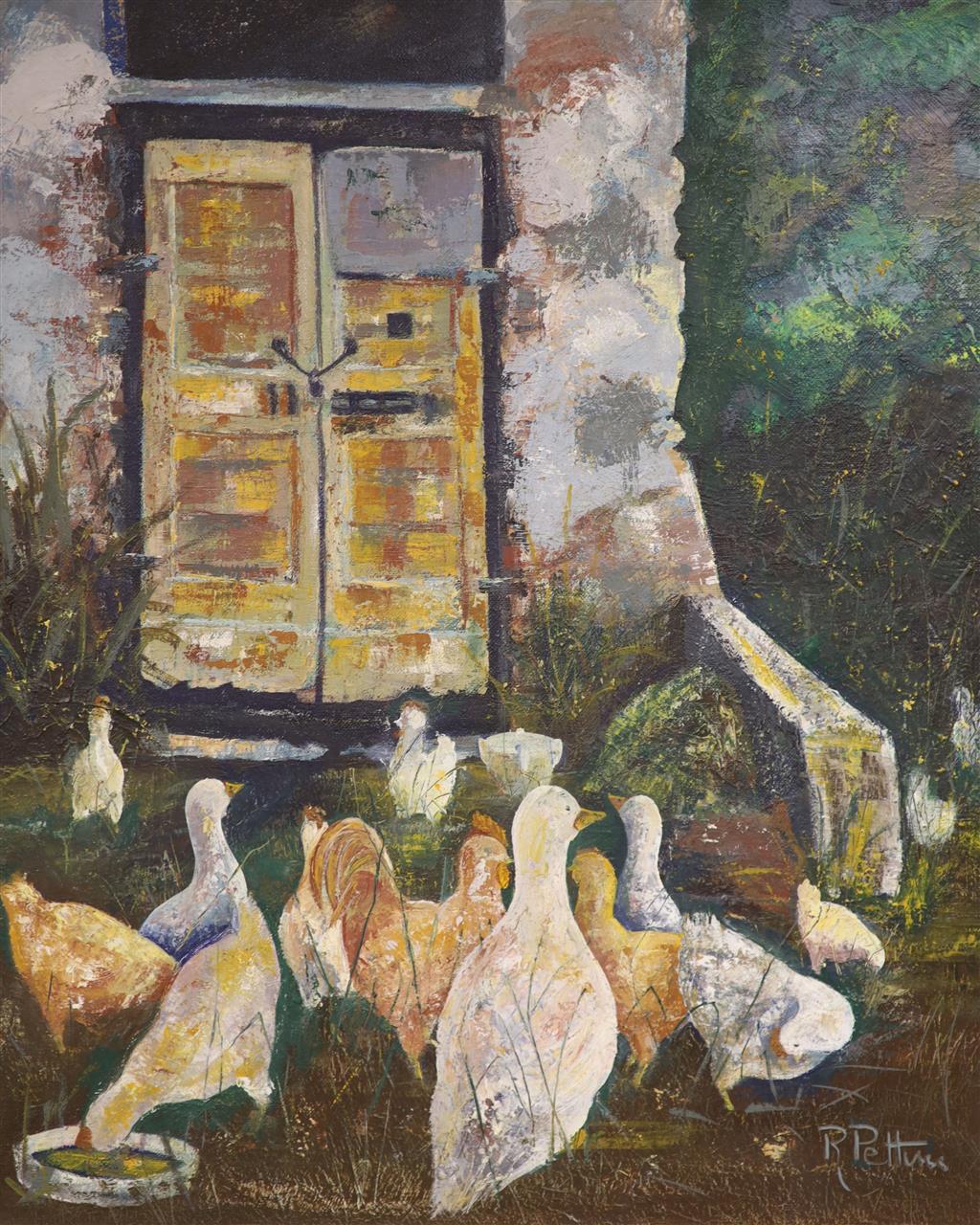 R. Pettini, oil on canvas, Poultry beside a church door, signed, 59 x 49cm